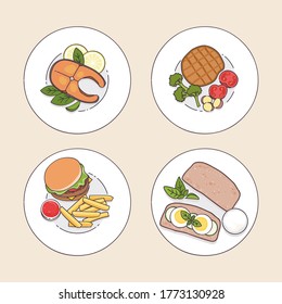 vector set of various simple clean flat different food dishes with outline illustration template design