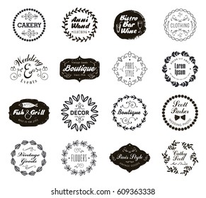 Vector set of various small business badges with floral laurels. Vintage Icons, logos for shop, product, salon, cafe, etc. Black and white. Isolated