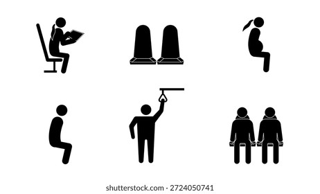 Un conjunto de Vectores de varios íconos de figuras de palo que representan a los pasajeros y las normas en el transporte público. Incluye personas sentadas, una mujer embarazada y pasajeros que sostienen asas.