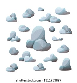 Vector set of various stones. Grey rocks with lights and shadows isolated on white background. Flat illustration with modern stipple texture.