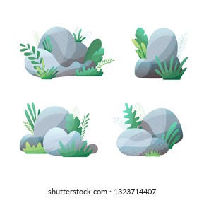 Vector set of various stones. Grey rocks with grass and leaves isolated on white background. Flat illustration with modern grain texture, lights and shadows.