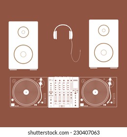 Vector Set Of Various Stylized Dj Icons. Illustration Of DJ Turntables And A Mixer.