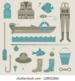 Vector set of various stylized icons for fishing