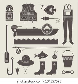 Vector set of various stylized icons for fishing