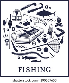 Vector set of various stylized icons for fishing