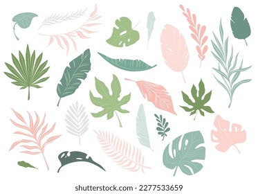 Conjunto vectorial de varias hojas tropicales estilizadas. Colección de siluetas de elementos botánicos de color pastel.