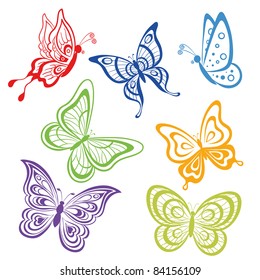 Vector, set various symbolical butterflies, coloured contours on a white background