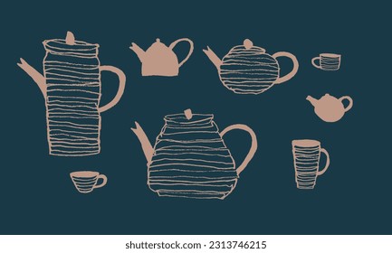 Vector set of various tea utensils. Teapots, cups of different sizes. Drawing, sketch, doodle, stylization. Cafe, tea club, restaurant. Beige on a blue background. Eps10