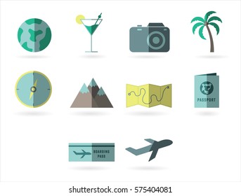 Vector set with various travel and tourism icons against white background