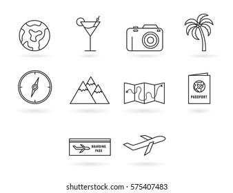 Vector set with various travel and tourism icons against white background
