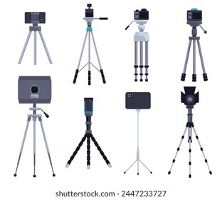 Vector set of various tripods with cameras and smartphones for photography and video recording