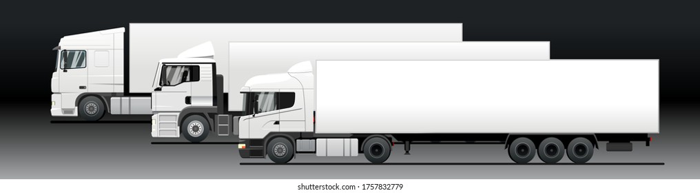 Vektorset verschiedener LKWs mit Sattelanhängern. weiße leere Lkw-Vorlage für die Werbung; Layout. Güterverkehr. Moderne, flache Vektorgrafik.