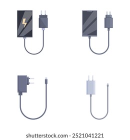 Vector set of various types of charging cables and power adapters for smartphones isolated on a white background