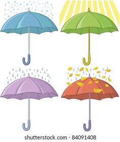 Vector, set of various umbrellas and weather conditions: sun, rain, snow, autumn leaves