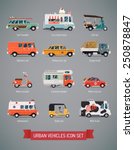 Vector set of various urban and city cars and vehicles featuring ice cream truck, ambulance, tuk tuk, baby taxi, yellow cab, flatbed truck, cargo van, surf car, picnic retro car, milk truck and more