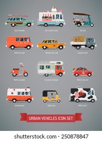 Vector set of various urban and city cars and vehicles featuring ice cream truck, ambulance, tuk tuk, baby taxi, yellow cab, flatbed truck, cargo van, surf car, picnic retro car, milk truck and more