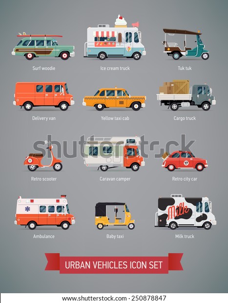 Vector set of various urban and city cars and\
vehicles featuring ice cream truck, ambulance, tuk tuk, baby taxi,\
yellow cab, flatbed truck, cargo van, surf car, picnic retro car,\
milk truck and more