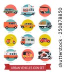 Vector set of various urban traffic and city cars round icons with ice cream truck, ambulance, tuk tuk, baby taxi, yellow cab, flatbed truck, cargo van, surf car, picnic retro car, milk truck and more