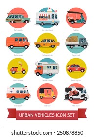 Vector set of various urban traffic and city cars round icons with ice cream truck, ambulance, tuk tuk, baby taxi, yellow cab, flatbed truck, cargo van, surf car, picnic retro car, milk truck and more