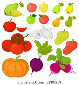Vector, set: various vegetables and fruits on white background