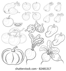 Vector, set: various vegetables and fruits, monochrome contours
