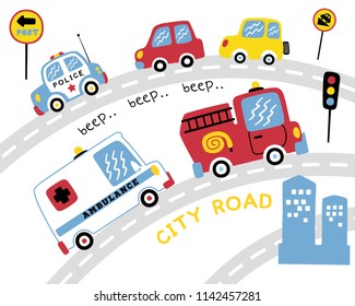 Vector set of various vehicles cartoon on the road, traffic elements illustration