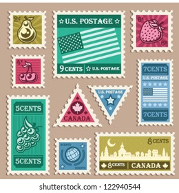 Vector set of various vintage stamp stickers.