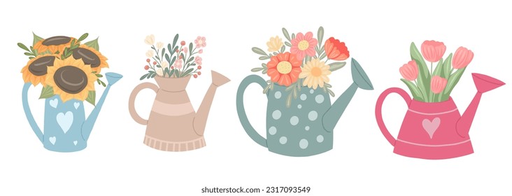 Vector set of various watering cans with bouquets of flowers. Summer set with gardening tools and floral arrangement. Cartoon elements for stickers, sublimation and your creativity