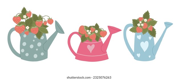 Vector set of various watering cans with bouquets of strawberries. Summer set with gardening tools and harvest arrangement. Cartoon elements for stickers, sublimation and your creativity