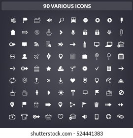Vector set of various web icons. White on black background. Use for infographics, web site, brochures, etc