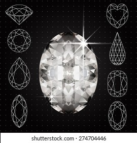 Vector Set of variously shaped diamonds and realistic gemstone