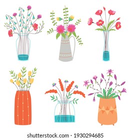 Vector Set de jarrones con flores. Colección de flores de jardín luminosas sobre fondo blanco aislado. Ilustración vectorial de dibujos animados planos