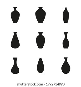 Vector set of vases, jugs icons. Isolate of black silhouettes on a white background.