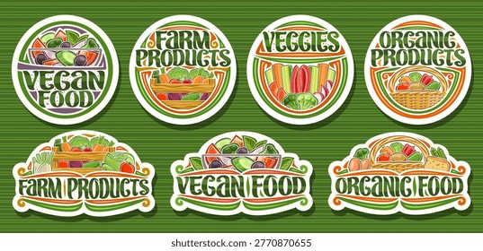 Vector set for Vegan Food, cut paper retro signboard with illustration of vegetables mix for vegetarian or vegan diet, decorative marketing sign board for vegan food supermarket on striped background