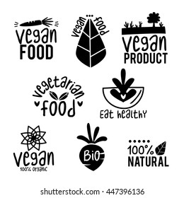 Vector set of vegan, green and organic products labels and badges - collection of different icons and illustrations related to fresh and healthy food