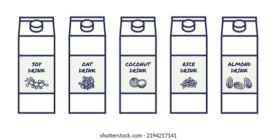 Vector set of vegan lactose-free drink alternatives isolated on a white background. Plant-based non-dairy soy, oat, coconut, rice, and almond milk. Line or outline icons with hand-drawn illustrations.