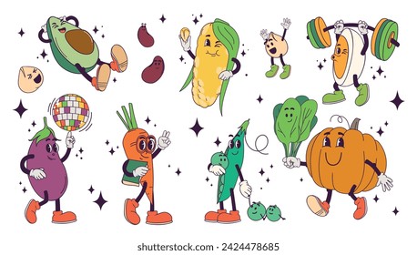 Vector set of vegan stickers. Funny characters mascots: vegetables, beans, egg