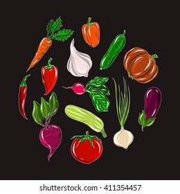 Vector set of vegetable. Vector collection of eco, organic, healthy farm elements. Potato, carrot, onion, pumpkin.
