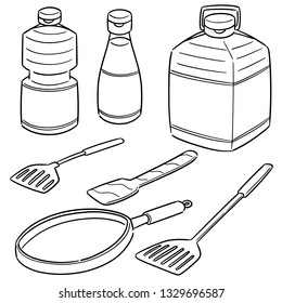 vector set of vegetable oil, pan and flipper