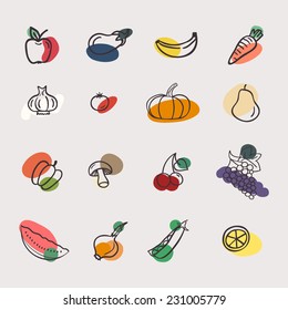 Vector set of vegetables: apple, aubergine, banana, carrot, garlic, tomato, pumpkin, pear, pepper, mushroom, cherry, grape, watermelon, onions, peas, lemon. Tasty vegetarian draw concept collection