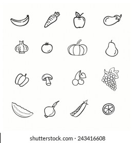 Vector set of vegetables: apple, aubergine, banana, carrot, garlic, tomato, pumpkin, pear, pepper, mushroom, cherry, grape, watermelon, onions, peas, lemon. Tasty vegetarian draw concept collection