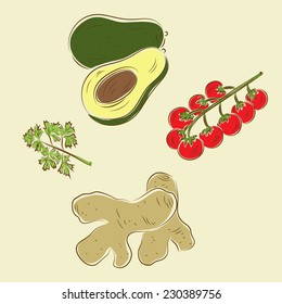 Vector set of vegetables: avocado, cherry tomatoes, parsley, ginger root