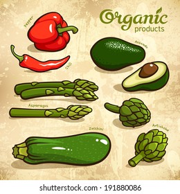 Conjunto vetorial de vegetais: abacate, pimenta, pimenta, espargos, alcachofra, abobrinha