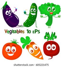Vector set of vegetables characters. Isolated on white background. Eggplant, cucumber, tomato, carrot, beet and broccoli.