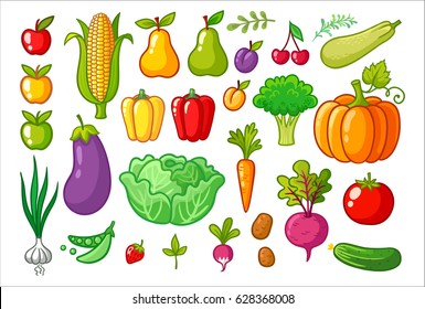 Vector set with vegetables. A collection of vegetarian food. Fruits and vegetables.