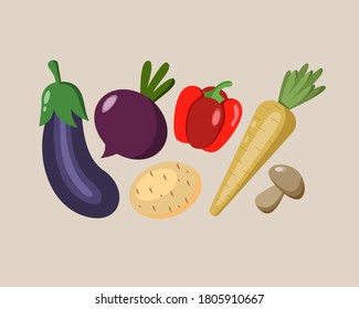 Vector set of vegetables in colorful color. Healthy food illustration with bell pepper, eggplant, beetroot, potatoes, carrot and mushroom
