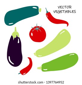 Vector set with vegetables - eggplant, zucchini, squash, chilli pepper, tomato. Summer seasonal food. 