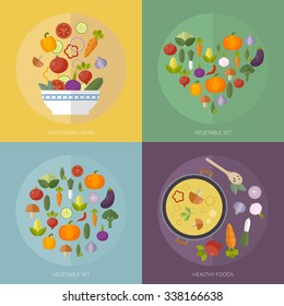 Vector set vegetables with flat icons. Fresh food in flat style. Healthy food concept