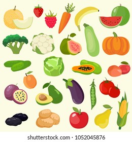 Vector set of vegetables, fruits and berries. potato, carrot, tomato, cucumber, cabbage, broccoli, avocado, corn, eggplant, zucchini, watermelon, apple, pear, peach, passion fruit, papaya, strawberry