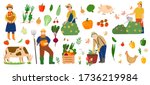 Vector set of vegetables, fruits, farm animals and farmers. Local product. Farmers gathering crops, harvest. People work in the garden. Farm works. Flat cartoon. Man gardener watering, trimming plants